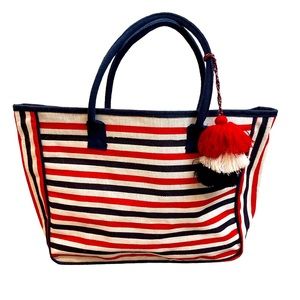 Two’s Company Jute Tote Americana Red, White, Blue Stripe 17.5x14x15.5 inches